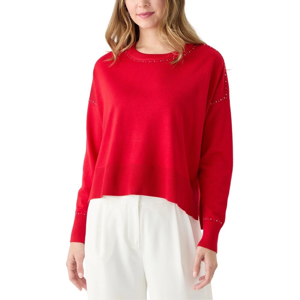 DKNY Women’s Crew Neck Stud Trim Split Hem Sweater NWT Size Medium